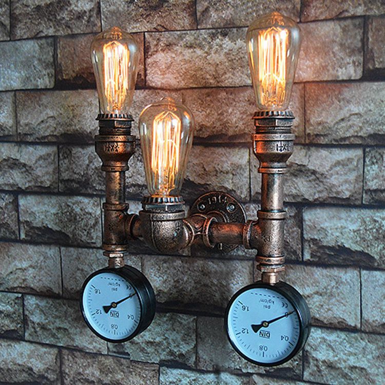 Traditional Vintage Iron Pipe Water Meter 3-Light Wall Sconce Lamp For Living Room