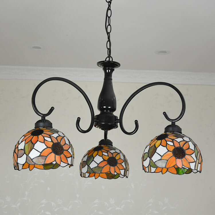 European Tiffany Sunflower Dome Stained Glass 3-Light Chandelier