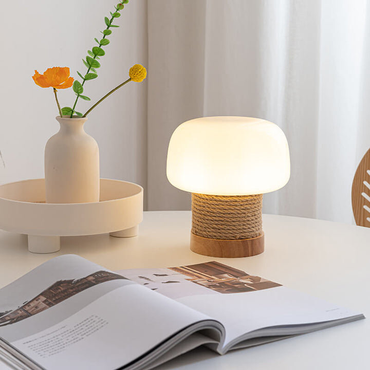 Lampe de table Vintage Crème Champignon Verre Ficelle Chêne 1 lumière 