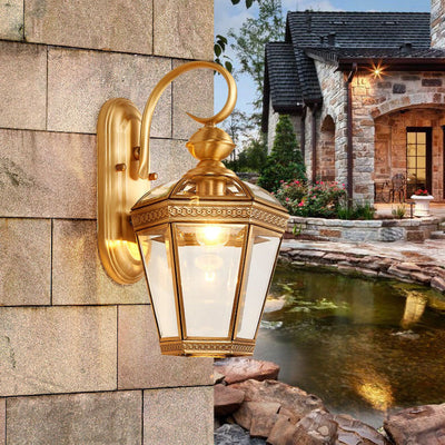 European Modern Hexagonal Lantern Copper Glass Waterproof 1-Light Outdoor Wall Sconce Lamp