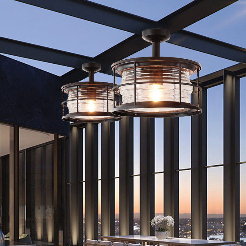 Moderne halbbündige 1-flammige Outdoor-Deckenleuchte im Industrial-Stil aus Glas und Eisen in Trommelform für Terrasse und Patio im Außenbereich 