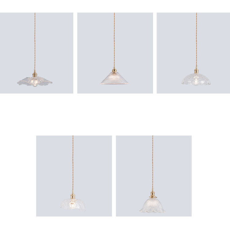 Traditional Vintage Clear Glass Flower Shape Brass 1-Light Pendant Light For Living Room