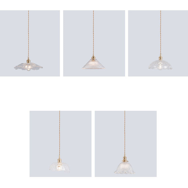 Traditional Vintage Clear Glass Flower Shape Brass 1-Light Pendant Light For Living Room