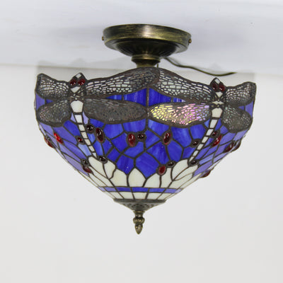 European Tiffany Purple Dragonfly Stained Glass 1-Light Semi-Flush Mount Ceiling Light