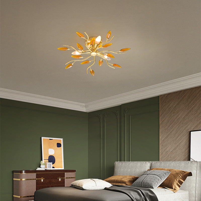 Modern  Luxury Leaves Iron Glass 3-Light Semi-Flush Mount Ceiling Light for Living Room