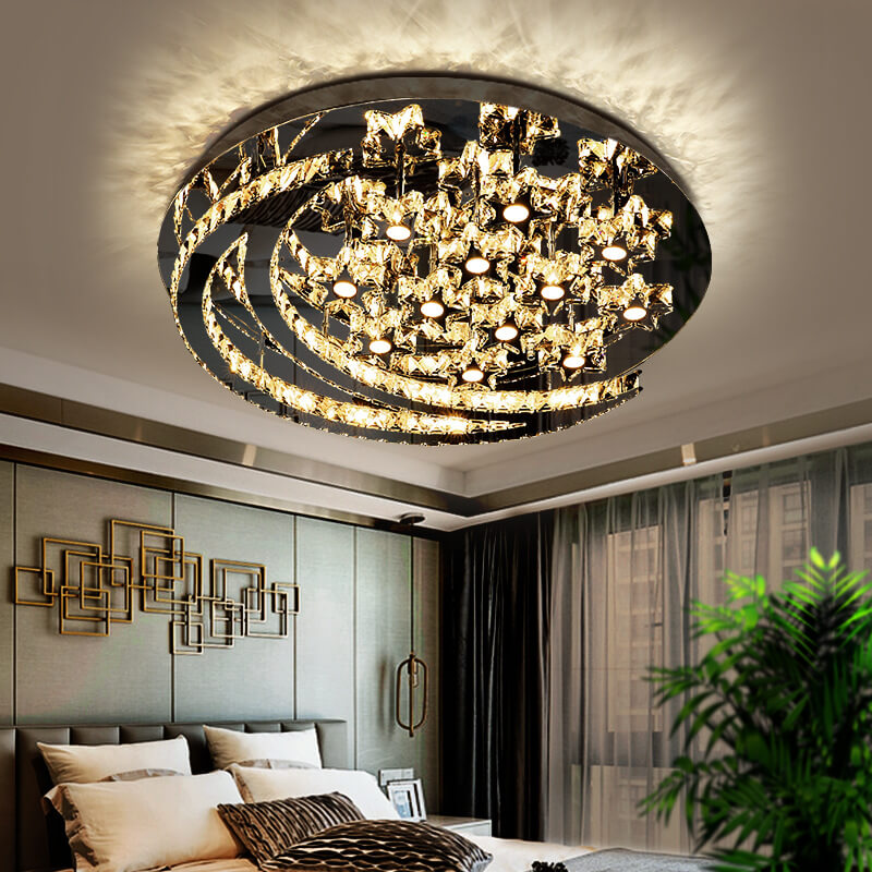 Modern Romantic Stainless Steel Crystal Star Moon LED Flush Mount Ceiling Light