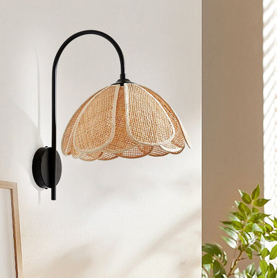 Contemporary Boho Rattan Weaving Petal Shade 1-Light Wall Sconce Lamp For Bedroom