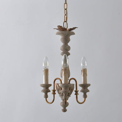 French Vintage Solid Wood Creative Candle Holder Design 3-Light Chandelier