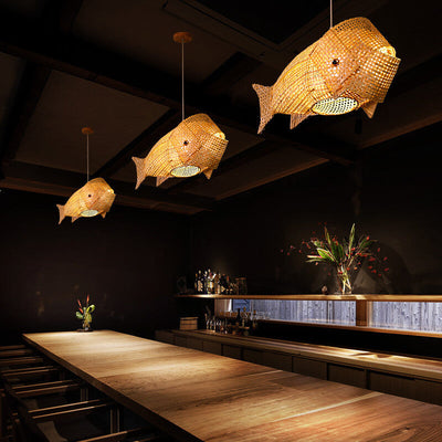 Chinese Retro Bamboo Weaving Fish Shape 1-Light Pendant Light