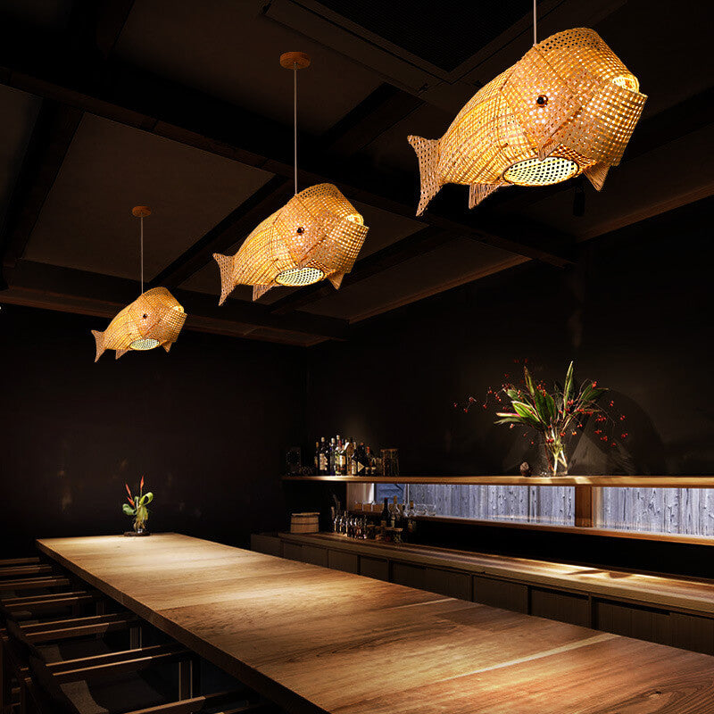 Chinesische Retro-Bambus-Weberei Fischform 1-Licht Pendelleuchte 