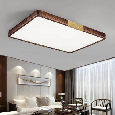 Modern Chinese Walnut Solid Wood Round Square Geometry LED Flush Mount Ceiling Light