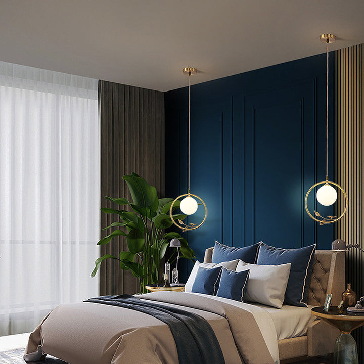 Lámpara colgante contemporánea nórdica de cobre y cristal circular de 1 luz para sala de estar y dormitorio 