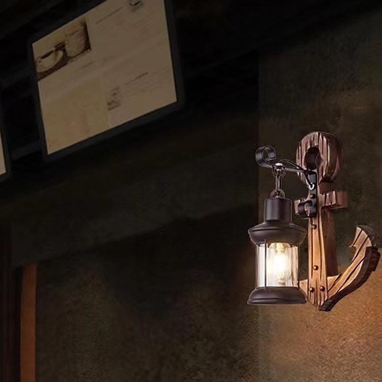 Applique murale 1 lumière avec abat-jour en verre cylindrique et ancre de bateau en bois vieilli traditionnel pour salle de divertissement 