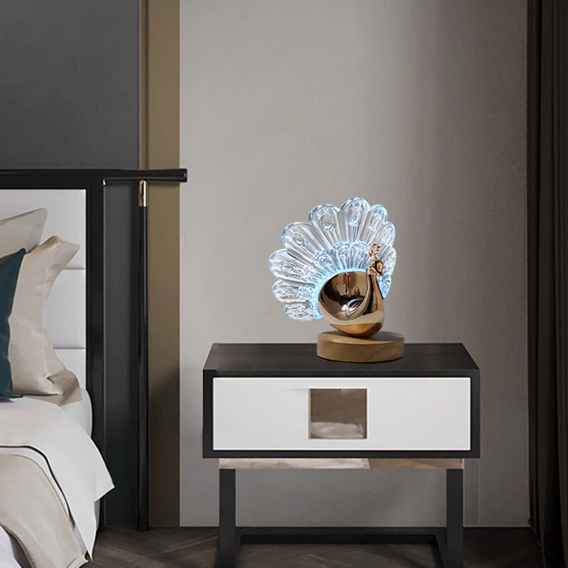 Zeitgenössische kreative Hardware Acryl Pfau Design LED Tischlampe für Schlafzimmer 