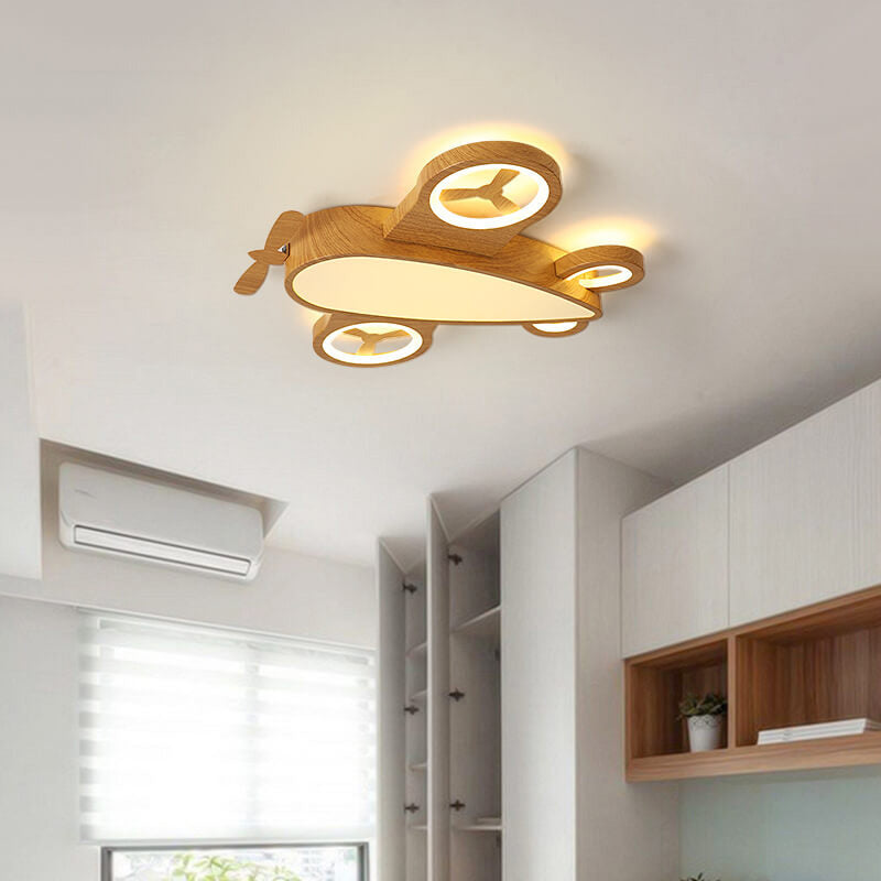 Cartoon Creative Wood Grain Aircraft LED Kids Flush Mount Ceiling Light