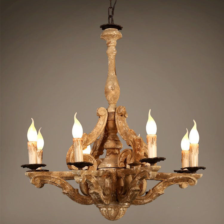 European Rustic Vintage Solid Wood 8-Light Chandelier