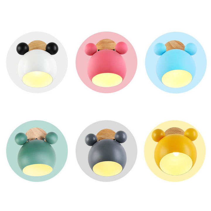 Aplique de pared contemporáneo nórdico infantil de dibujos animados con oso, de hierro y madera maciza, con cúpula y 1 luz, para dormitorio 