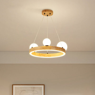 Nordic Minimalist Wood Circle Glass Ball 3/4 Light Chandelier