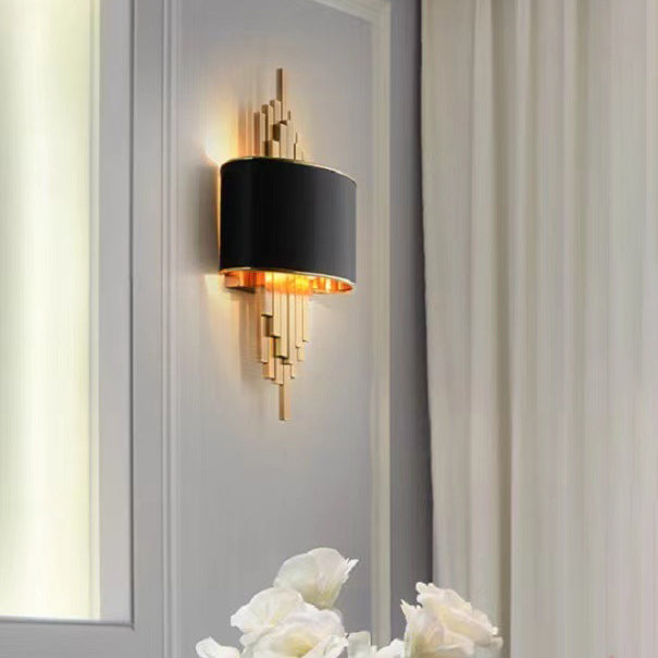 Modern Luxury Iron Straight Line Fabric Cylinder Shade 2-Light Wall Sconce Lamp For Living Room