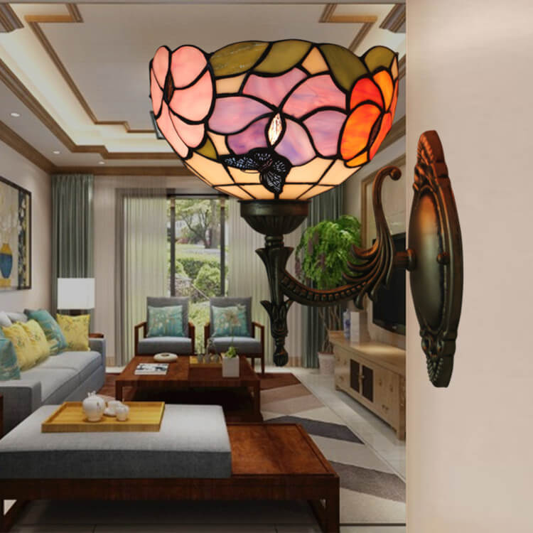 European Tiffany Floral Butterfly Bowl 1-Light Wall Sconce Lamp