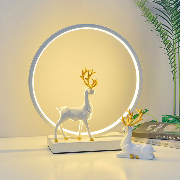 Lámpara de mesa LED de noche con enchufe USB, círculo de hierro y acrílico con ciervo, estilo nórdico contemporáneo, para dormitorio 