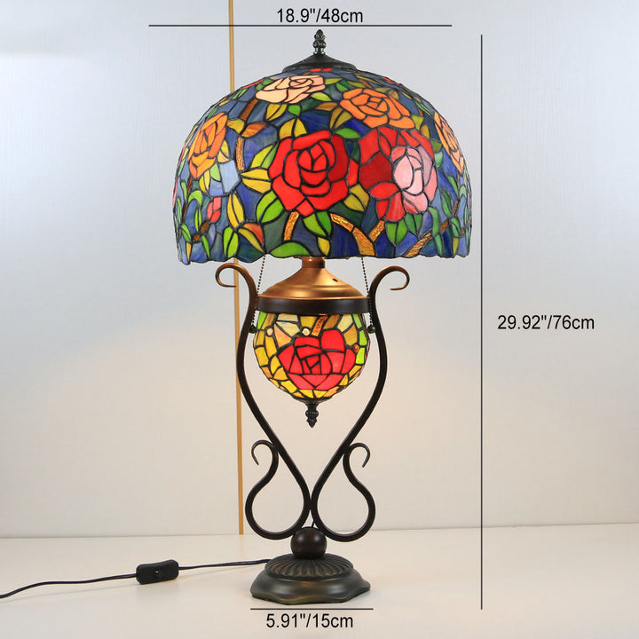 Traditional Tiffany Floral Stained Glass Iron Resin Round Pot 3-Light Table Lamp For Bedroom