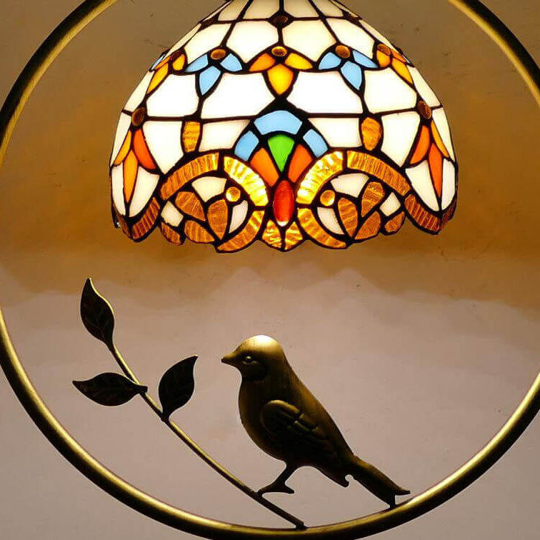 Tiffany Rustic Dome Stained Glass Ring Bird Design 1-Light Pendant Light