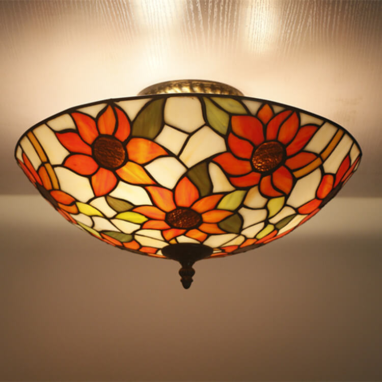 Tiffany European Sunflower Stained Glass Bowl 3-Light Flush Mount Ceiling Light