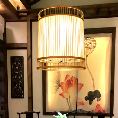 Modern Bamboo Weaving 3-Light Cylinder Chandelier