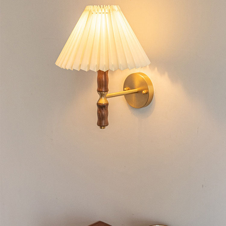 Japanese Vintage Walnut Pleated Umbrella 1-Light Wall Sconce Lamp