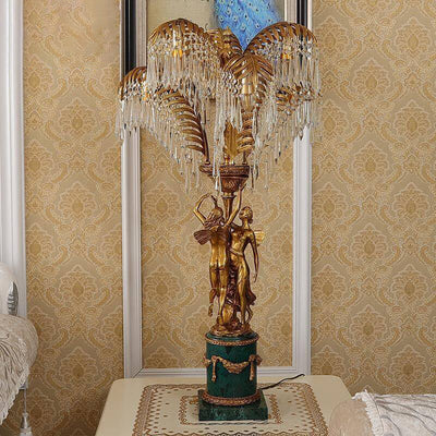 Vintage French Brass Crystal Tree Angel Design Luxury 6-Light Table Lamp