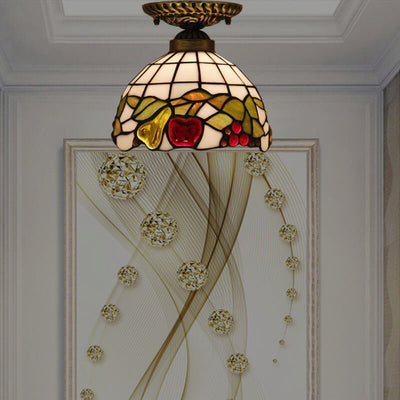 Vintage Tiffany Fruit Buntglas 1-flammige halbbündige Deckenleuchte 