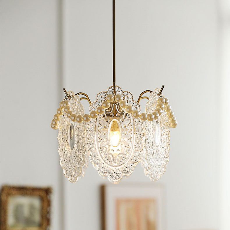 Traditional French Feather Pearl Petal Hardware Glass 1-Light Pendant Light For Bedroom