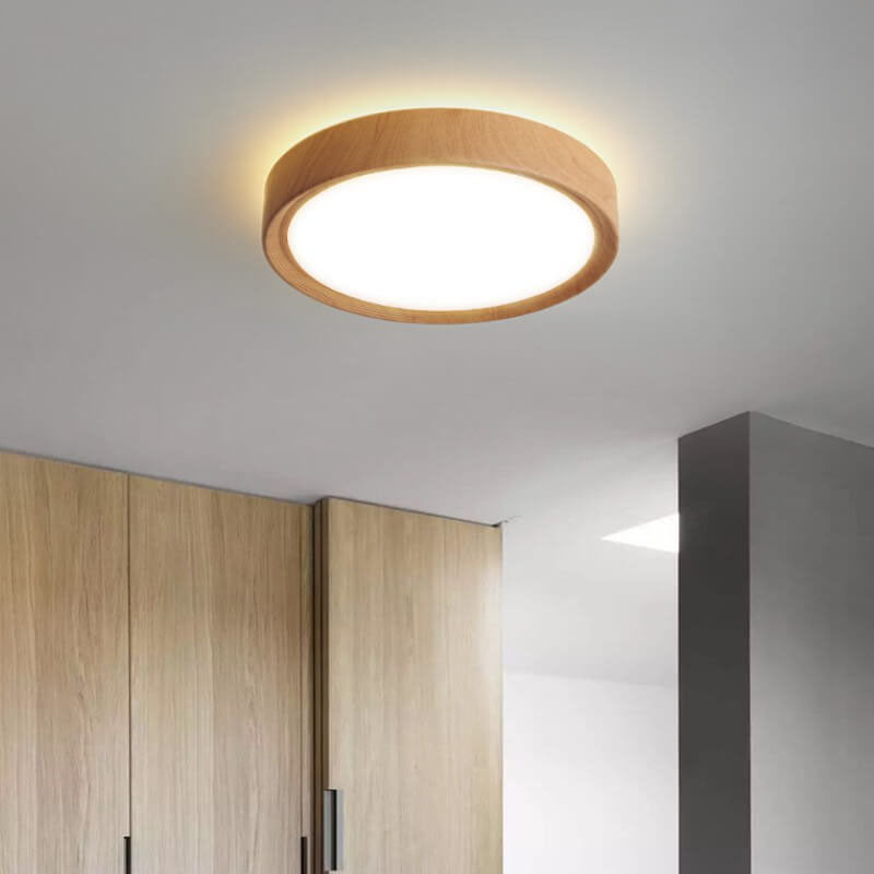 Modern Simple Wood Grain Round Iron LED Flush Mount Ceiling Light