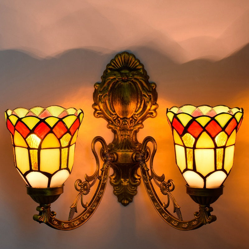 European Tiffany Stained Lattice Glass Bell Shade 2-Light Wall Sconce Lamp