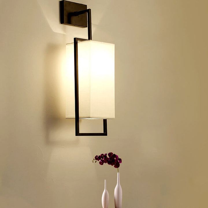 Traditional Chinese Square Fabric Iron Frame 1-Light Wall Sconce Lamp For Bedroom &amp; Living Room