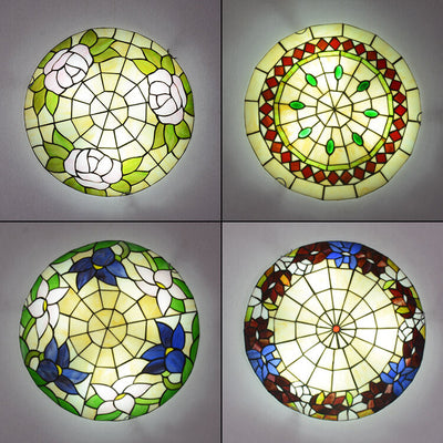 Tiffany Orchid Rose Stained Glass Round 2/3/4 Light Flush Mount Ceiling Light