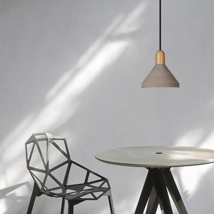 Lámpara colgante de 1 luz de cemento y madera maciza de estilo industrial 