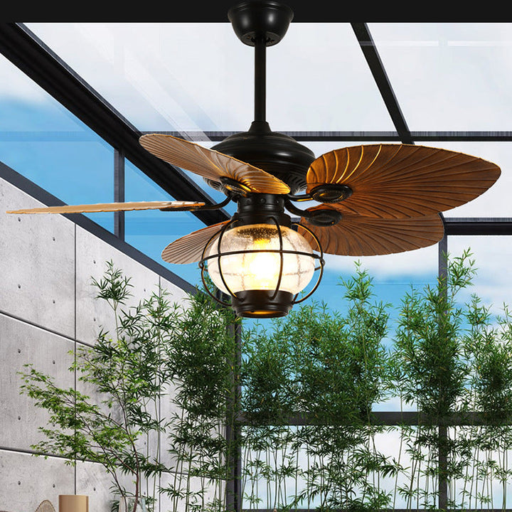 Traditional Rustic Lantern Banana Shaped Fan Leaf Iron Glass 1-Light Downrods Ceiling Fan Light For Living Room
