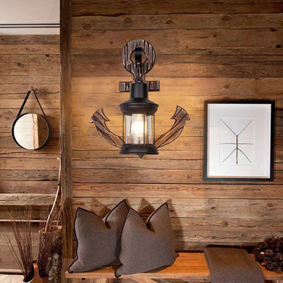 Traditional Vintage Distressed Wood Boat Anchor Cylindrical Glass Shade 1-Light Wall Sconce Lamp For Entertainment Room