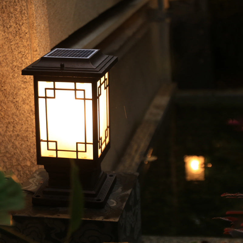 Solar Chinese Window Square Post Head 1-Light Waterproof Garden Landscape Light