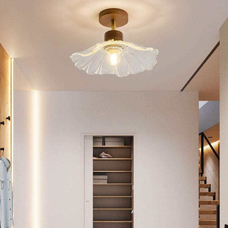 Modern Art Deco Wooden Frame Flower Glass Shade 1-Light Semi-Flush Mount Ceiling Light For Hallway