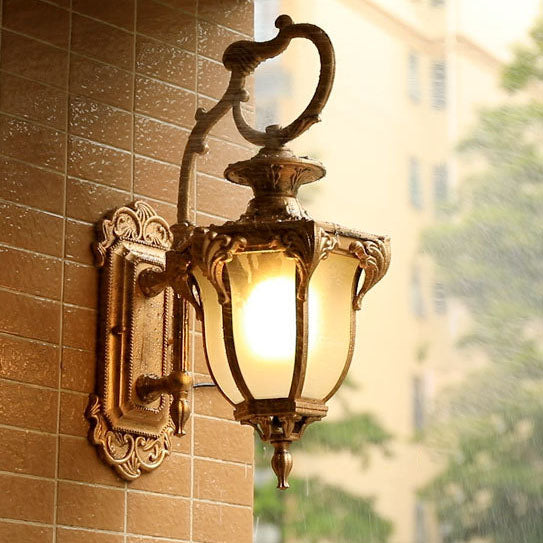 Traditional European Aluminum Glass Carved Lantern 1-Light Outdoor Waterproof Wall Sconce Lamp