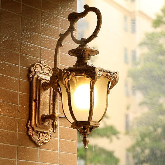 European Retro Aluminum Glass Carved Lantern 1-Light Outdoor Waterproof Wall Sconce Lamp