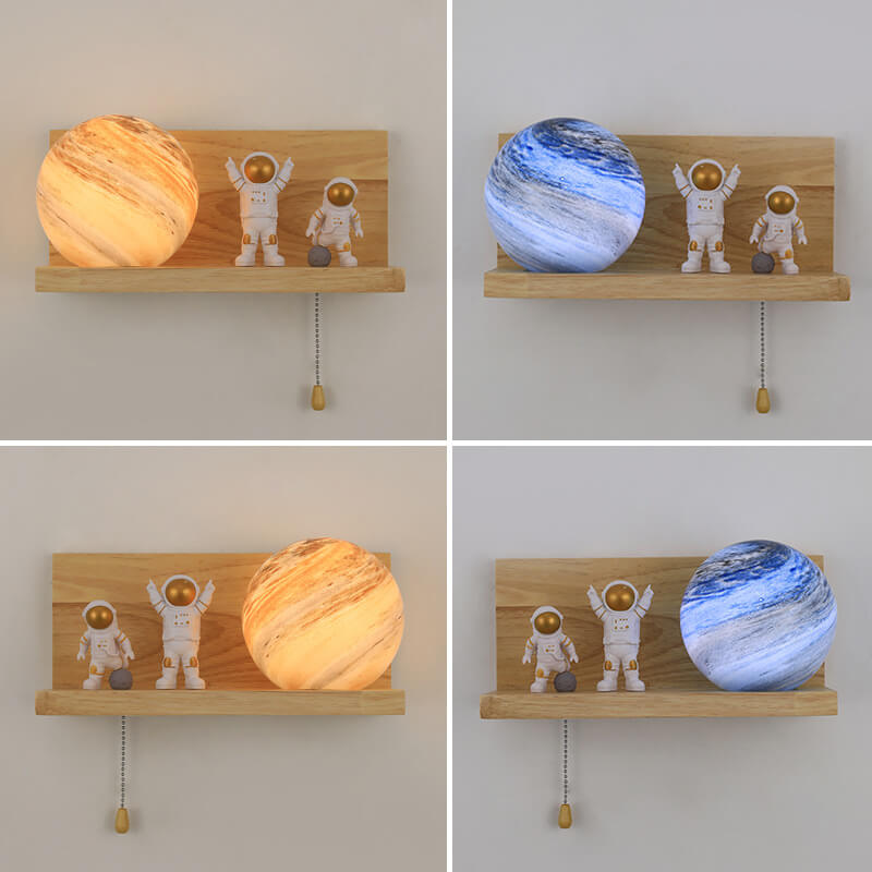 Contemporary Creative Planet Glass Solid Wood Square Base 1-Light Wall Sconce Lamp for Bedroom Living Room