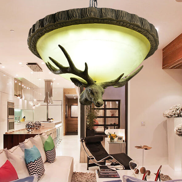 Vintage Country Deer Head Dome Resin LED Flush Mount Ceiling Light