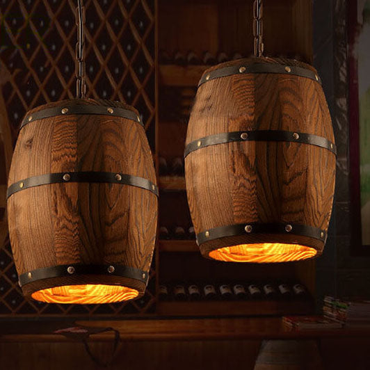 Traditional Rustic Round Iron Wood Wine Barrel 1-Light Single Barrel Pendant Light For Dining Room