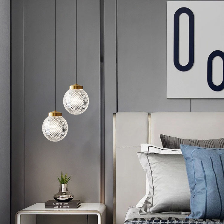 Modern Luxury Striped Glass Copper Round Ball Ring 1-Light Pendant Light for Living Room