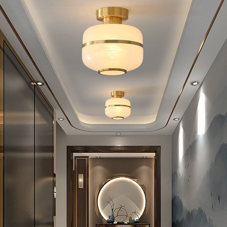 Modern Chinese Copper Fabric Round Tassel 1-Light Semi-Flush Mount Ceiling Light For Living Room