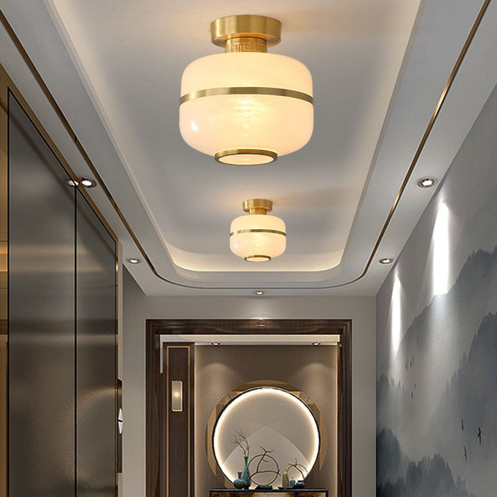 Modern Chinese Copper Fabric Round Tassel 1-Light Semi-Flush Mount Ceiling Light For Living Room